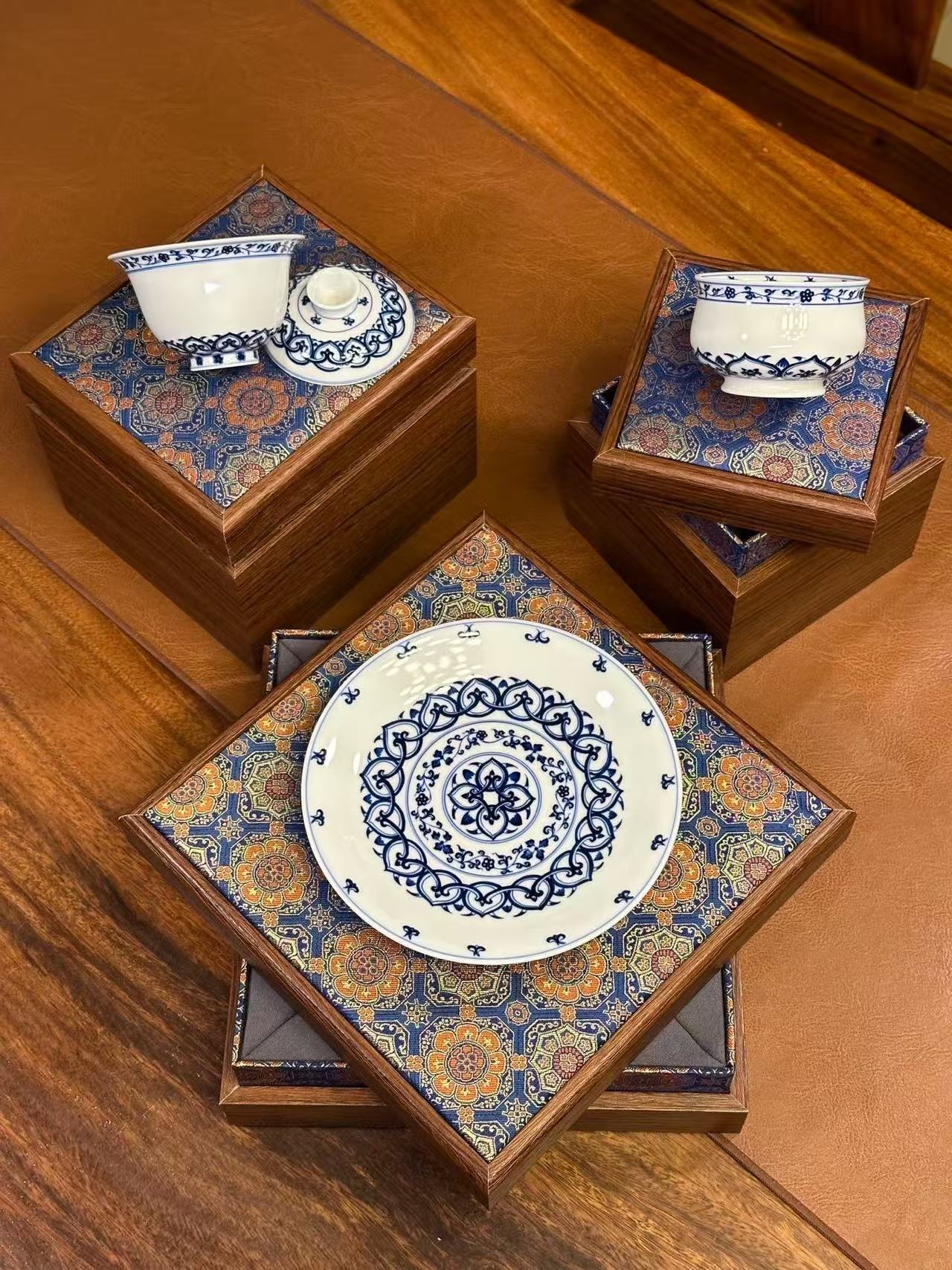 Special Offer: Three-Piece Blue-and-White Porcelain Set with Buddha Statue Design