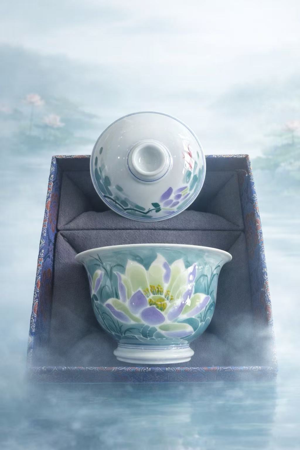 “Impressionistic Lotus Pond in Blue Waters” Set