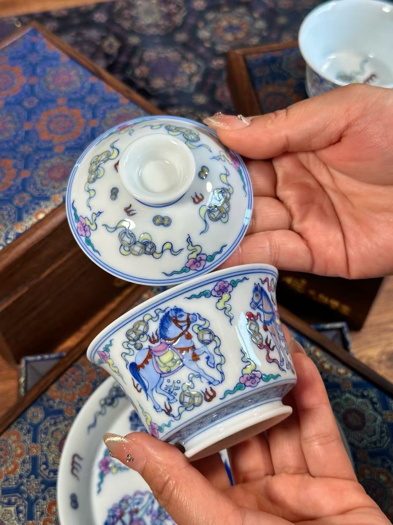 Blue-and-White Doucai “Five Horses Bringing Good Fortune” Set