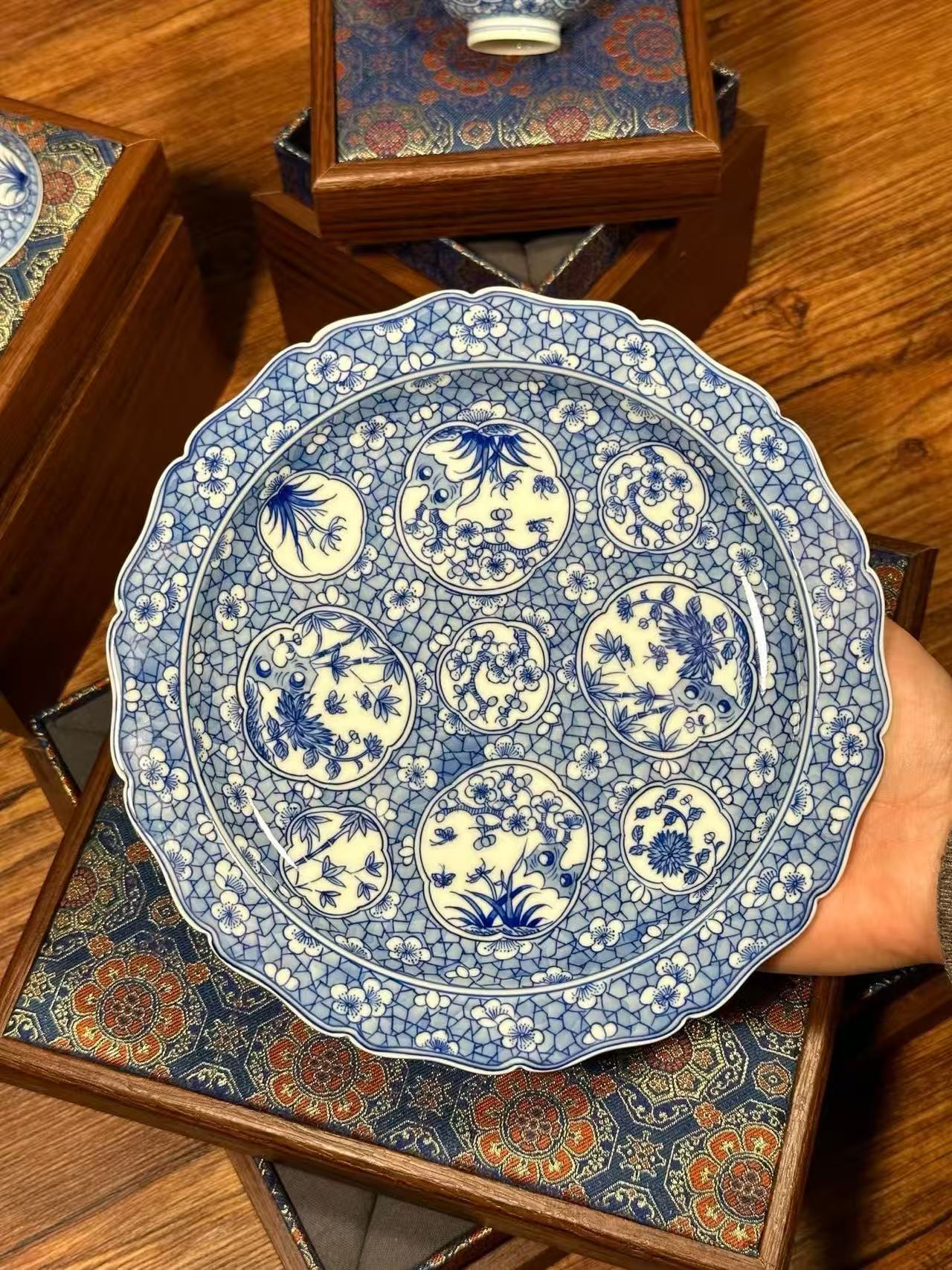 nderglaze Blue-and-White “Ice Plum Blossoms” Set with Openwork Pine, Bamboo, and Plum Motifs