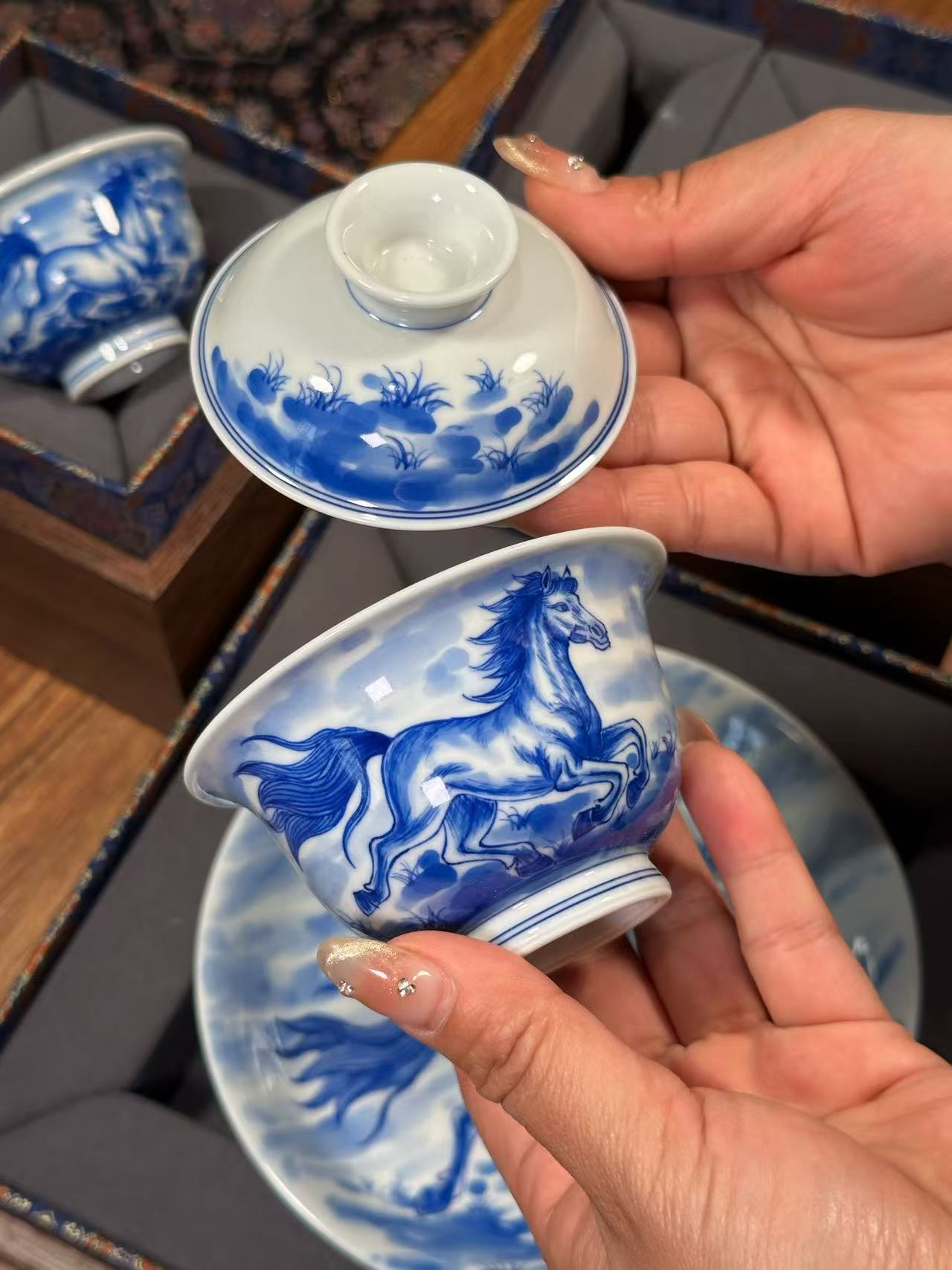 Freehand Blue-and-White “Horse to Success” Covered Bowl
