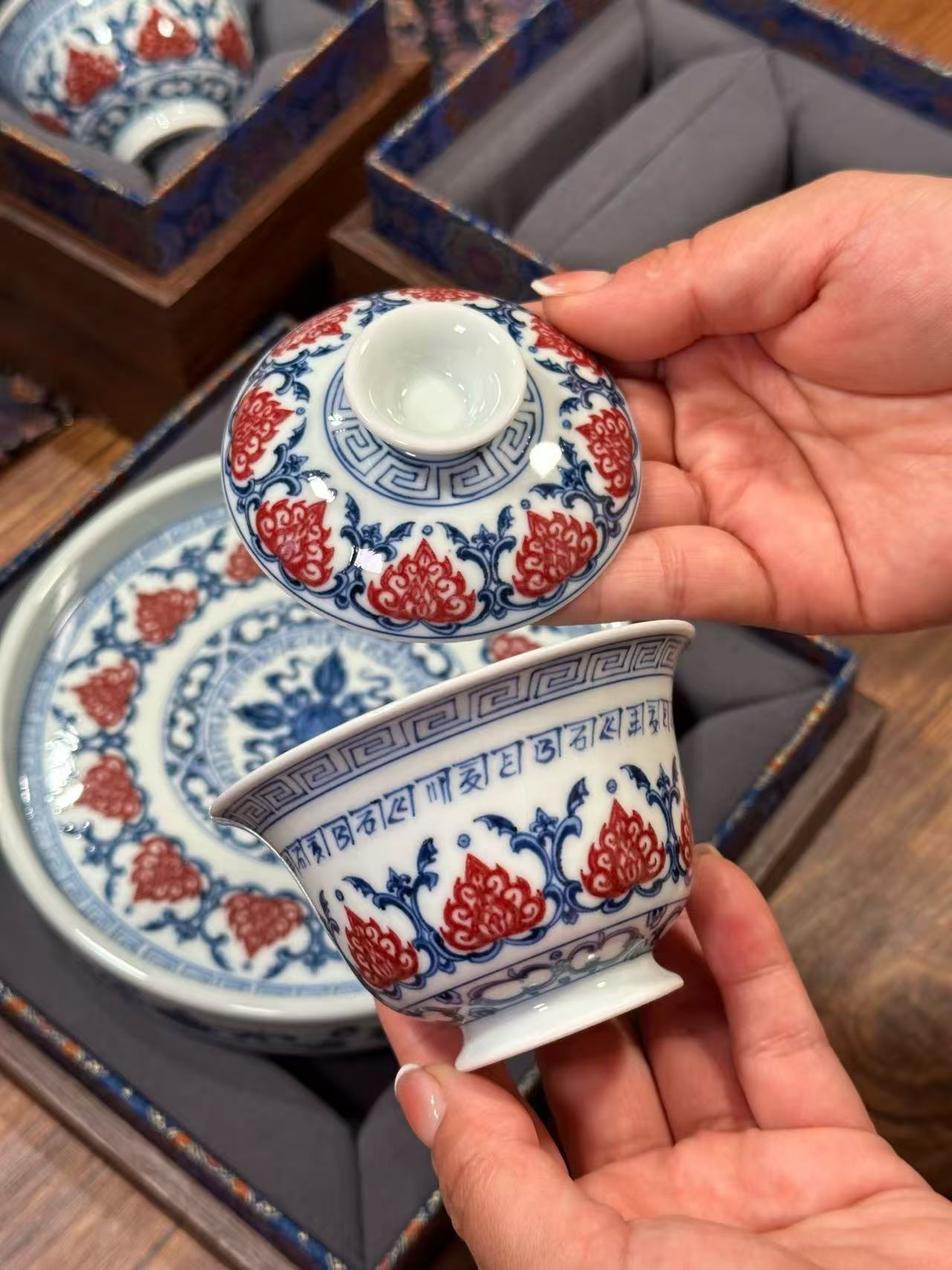 Blue-and-White Tea Set with Sanskrit Vajra Lotus Design and Underglaze Red Accents
