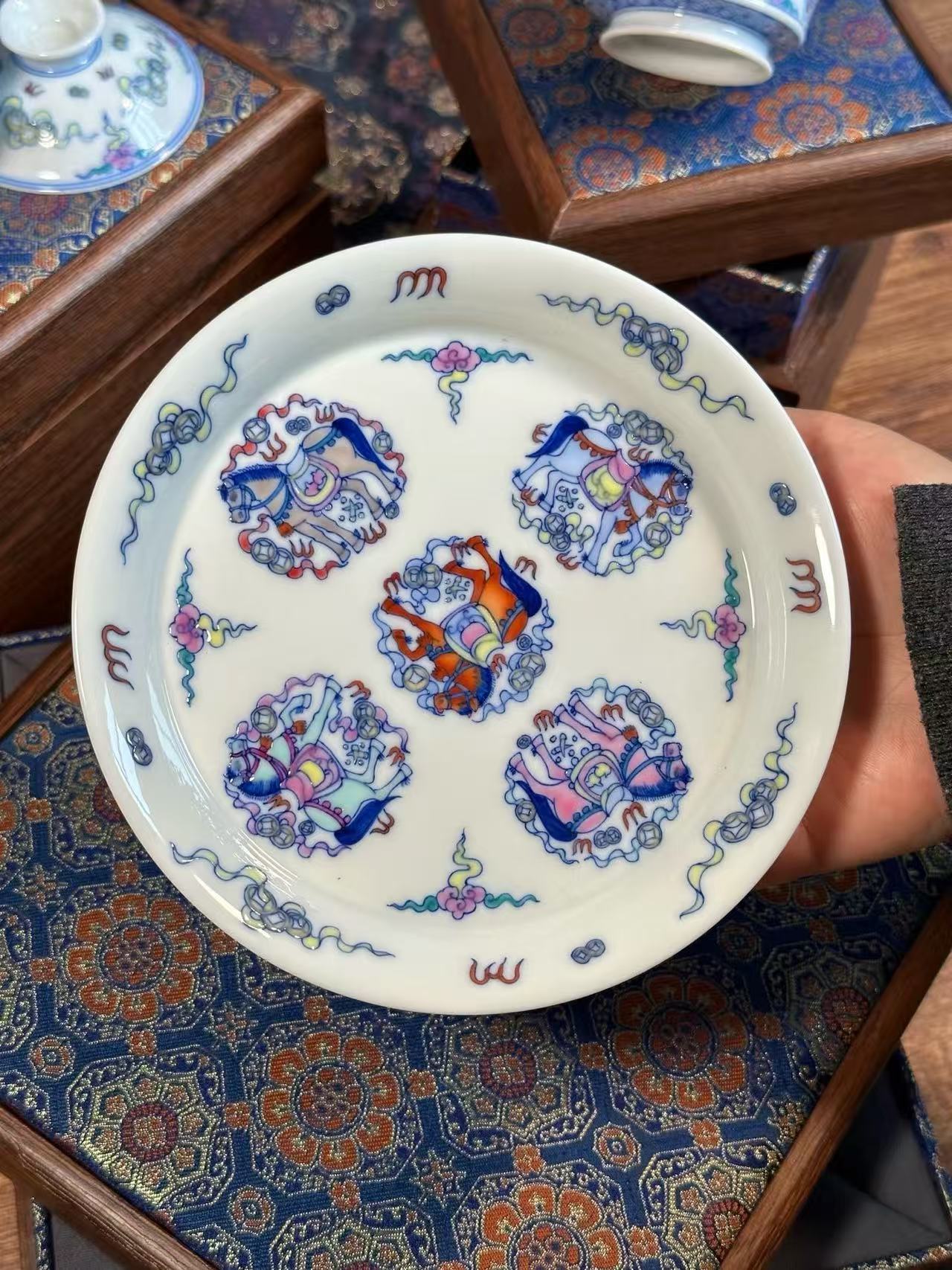 Blue-and-White Doucai “Five Horses Bringing Good Fortune” Set
