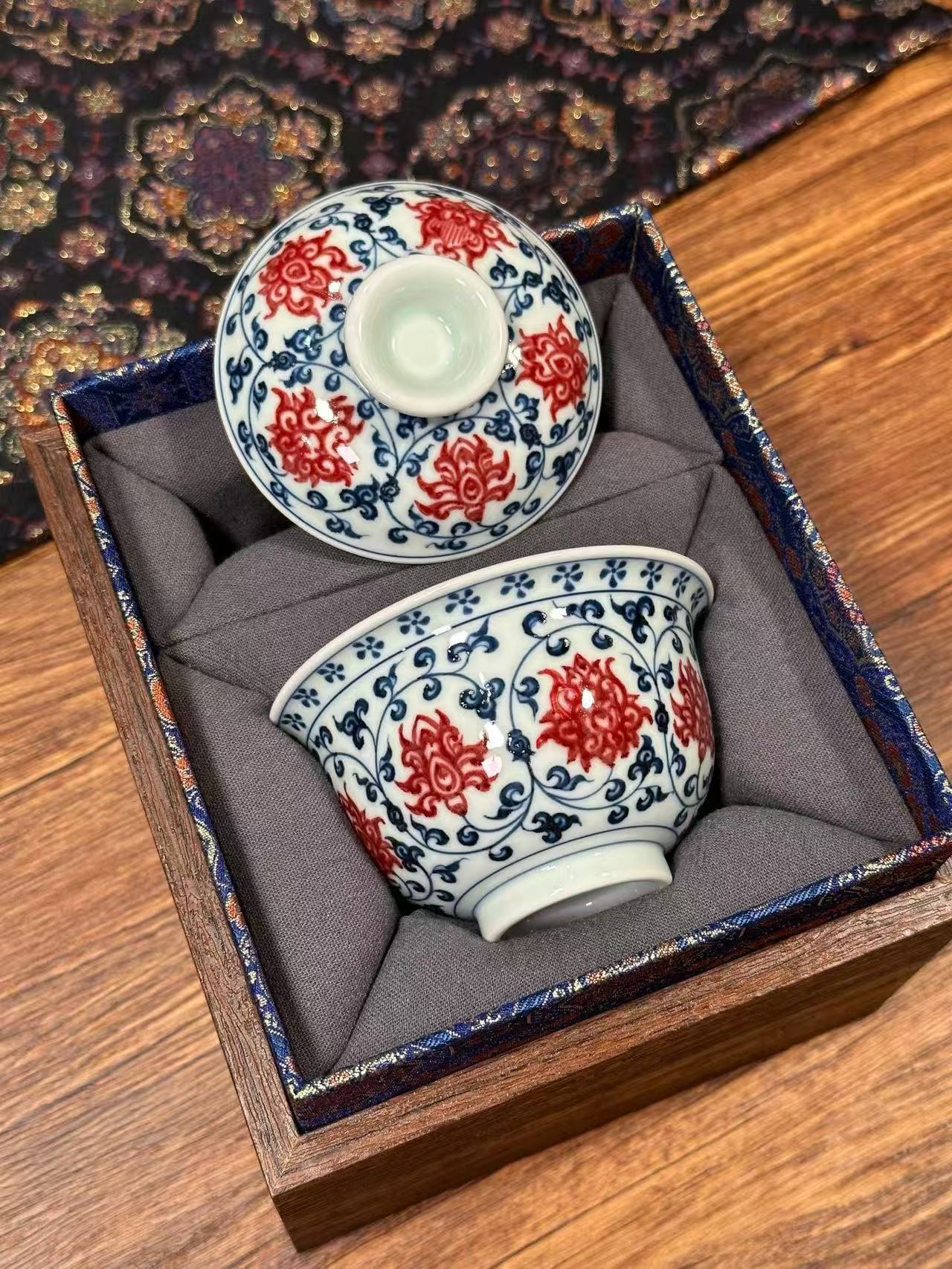 Blue-and-White Porcelain Cup with Underglaze Red Scroll Lotus Design