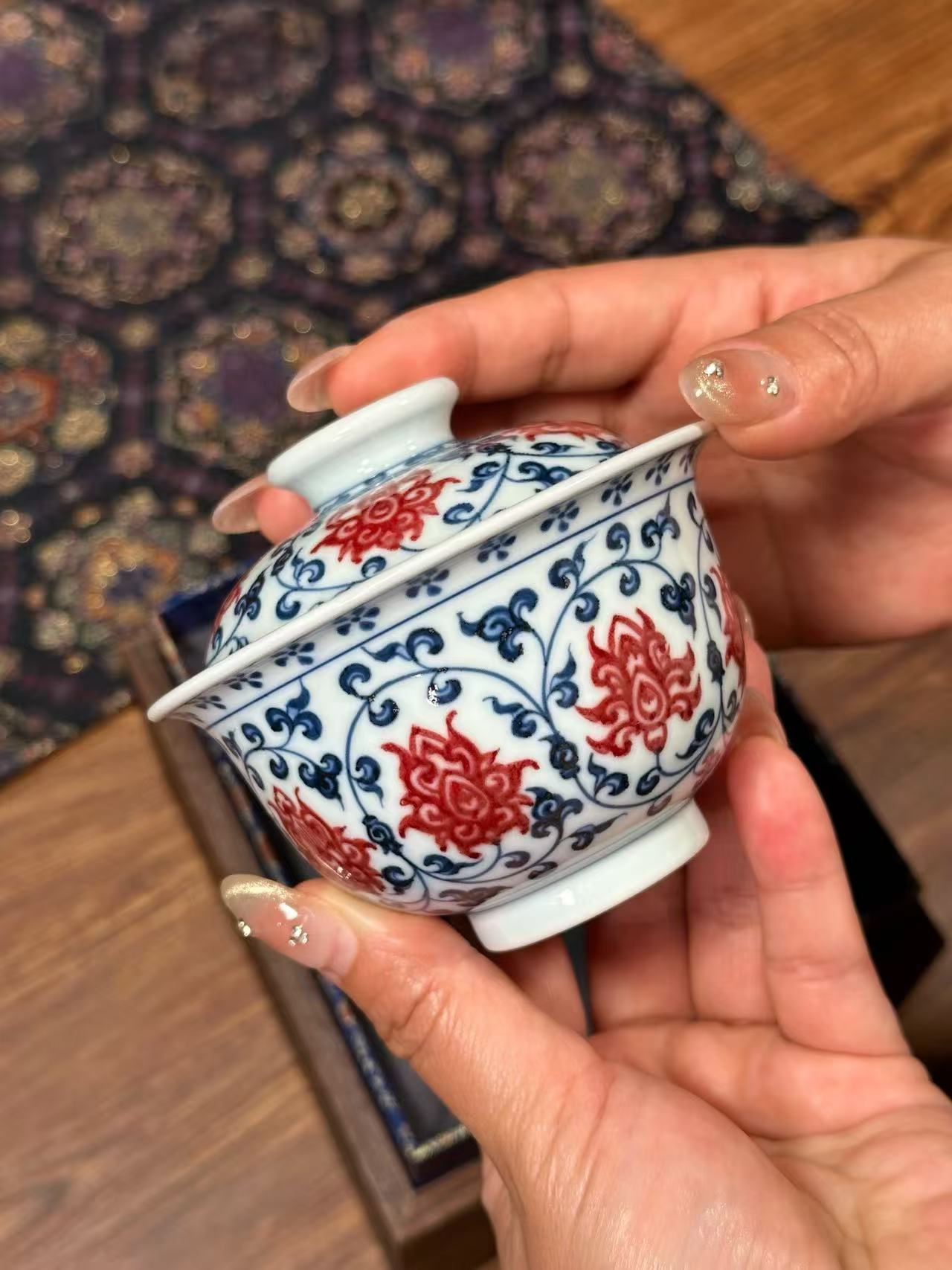 Blue-and-White Porcelain Cup with Underglaze Red Scroll Lotus Design