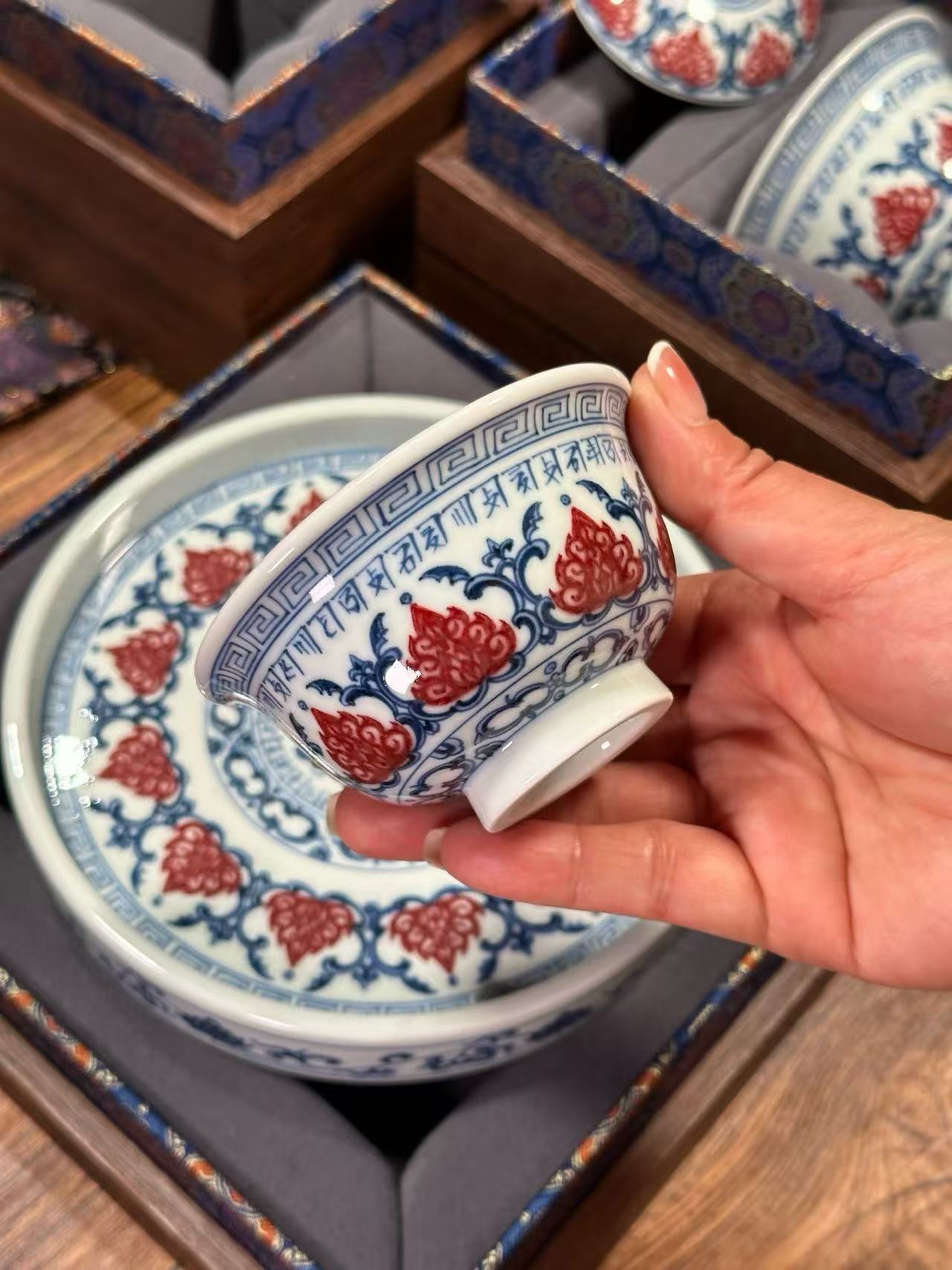 Blue-and-White Tea Set with Sanskrit Vajra Lotus Design and Underglaze Red Accents