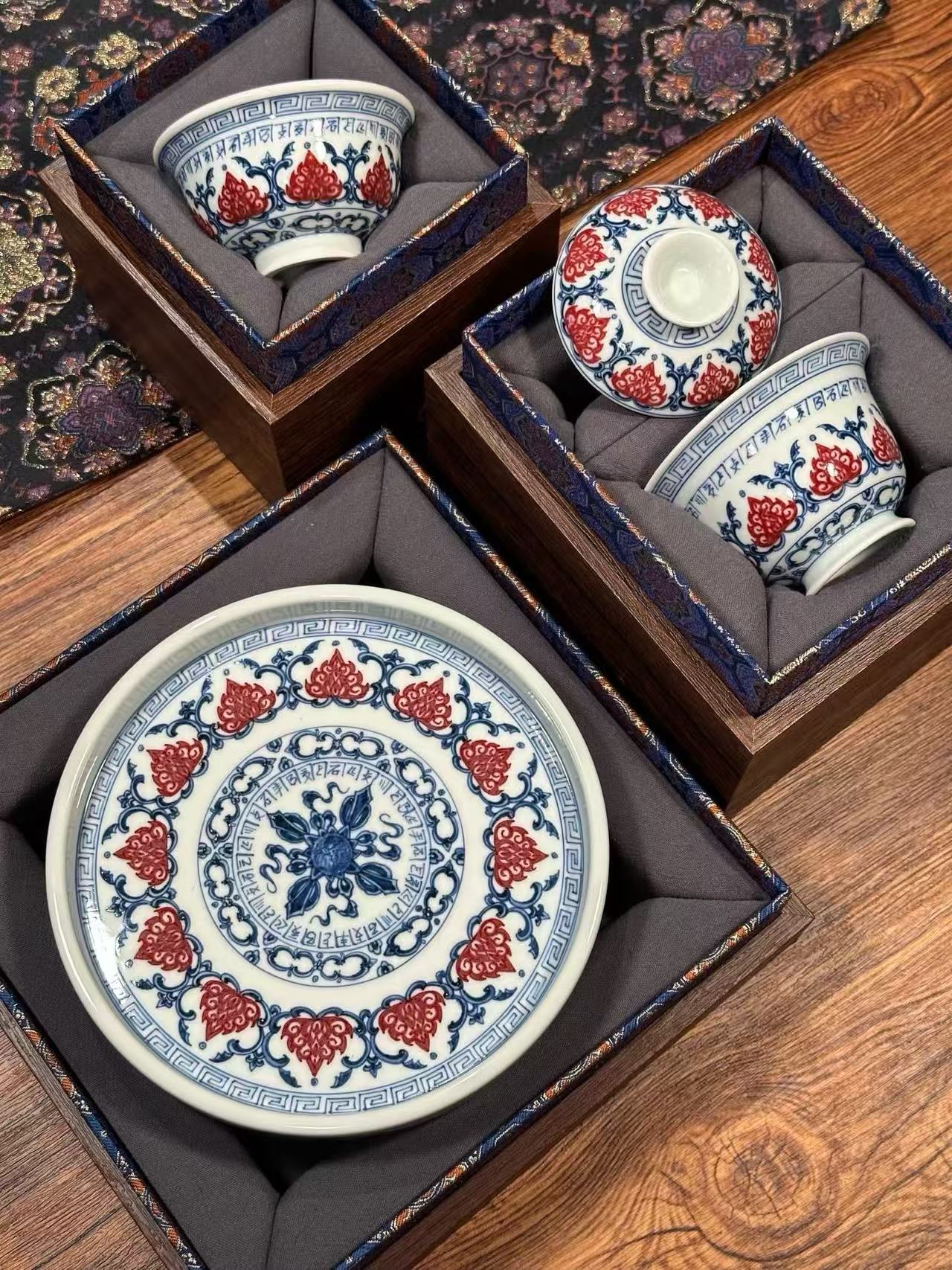 Blue-and-White Tea Set with Sanskrit Vajra Lotus Design and Underglaze Red Accents