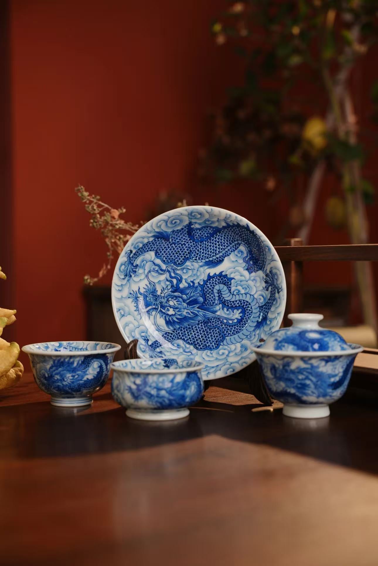 Blue-and-White “Auspicious Clouds and Dragons” Four-Piece Set