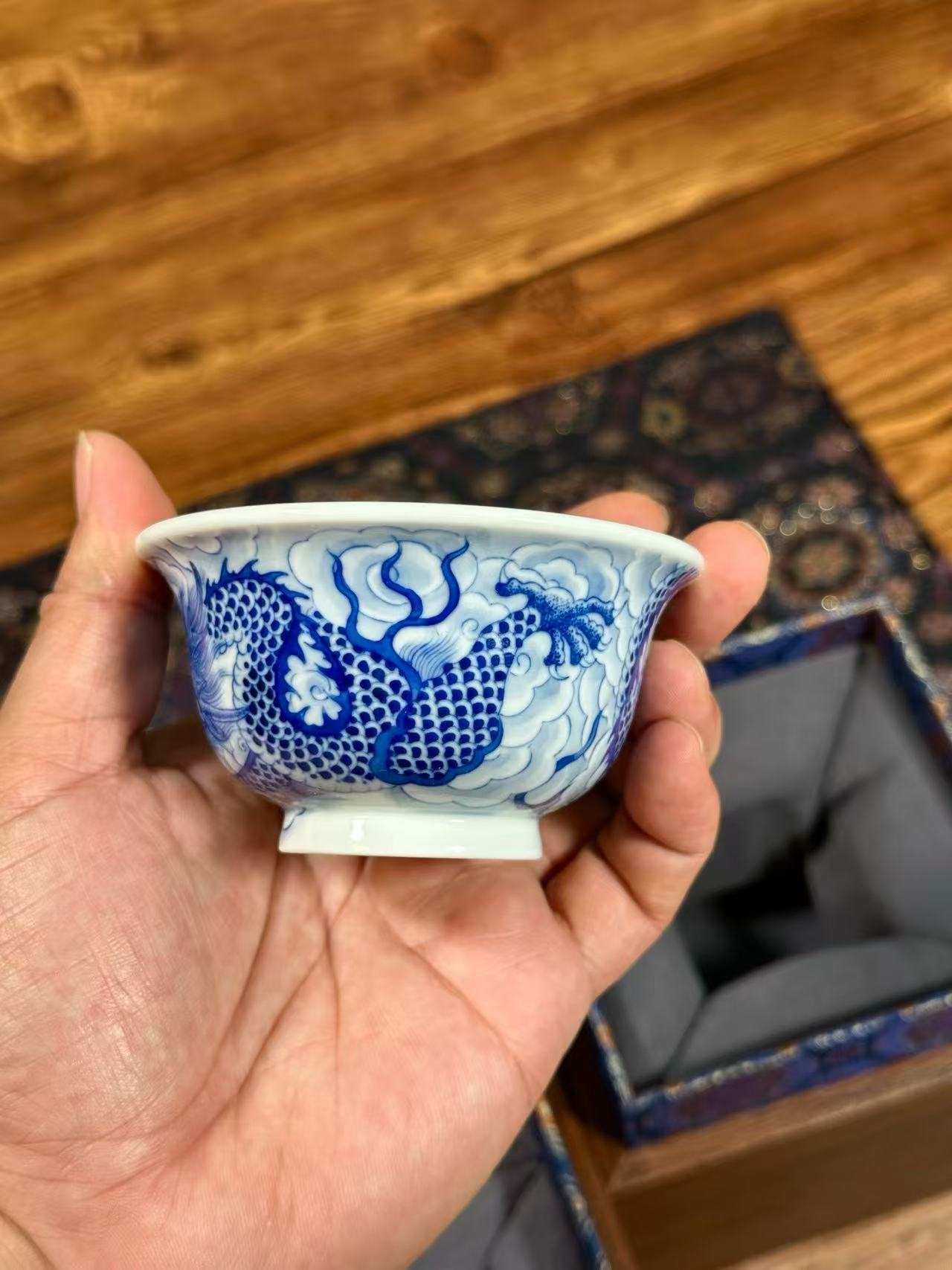 Blue-and-White Porcelain Cup with Sea Dragon Design