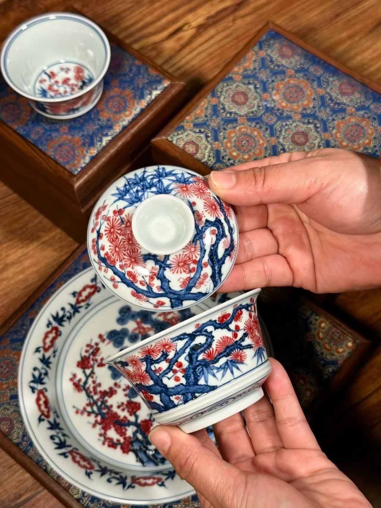 Blue-and-White with Underglaze Red “Pine, Bamboo, and Plum” Set