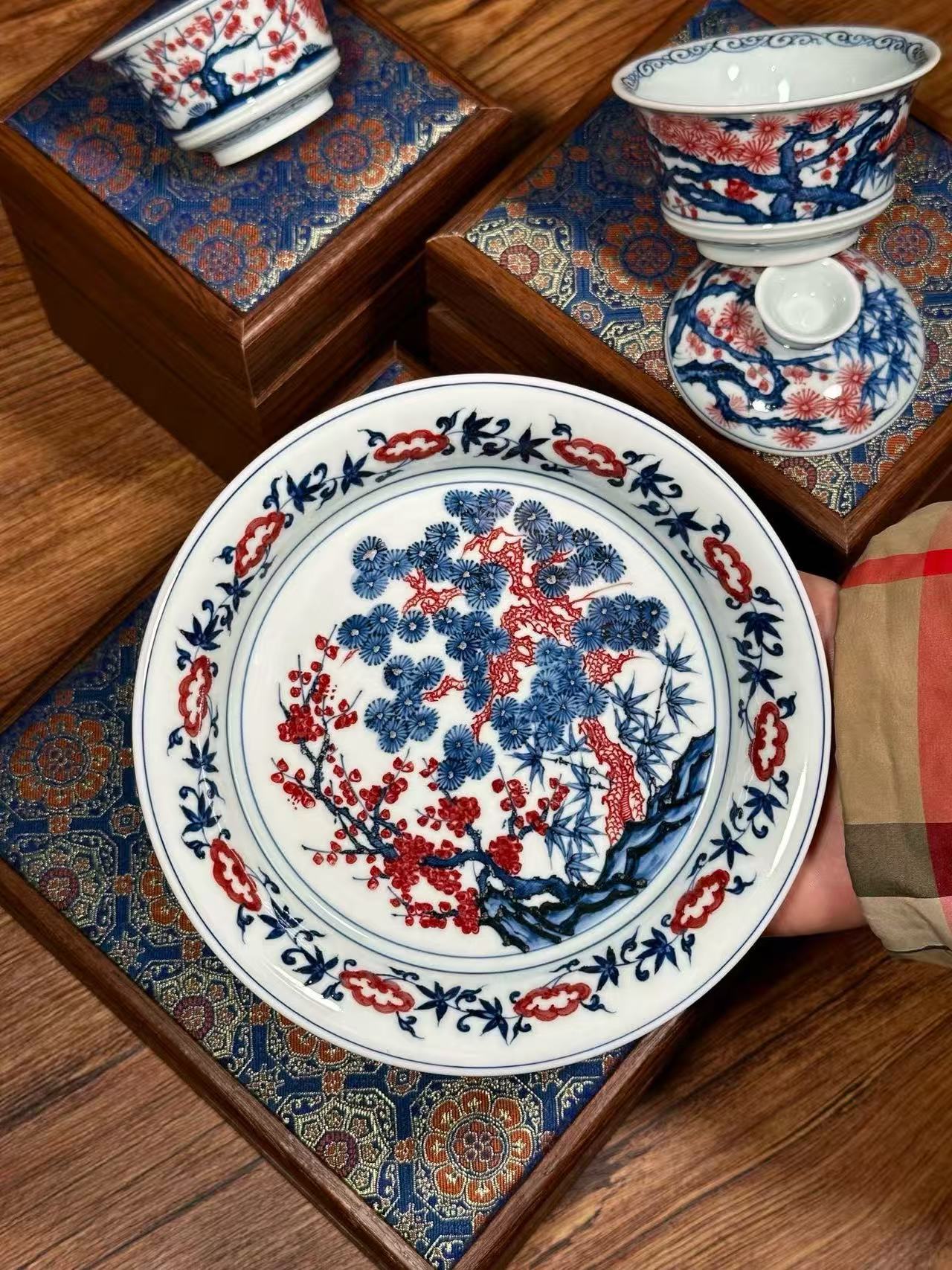 Blue-and-White with Underglaze Red “Pine, Bamboo, and Plum” Set