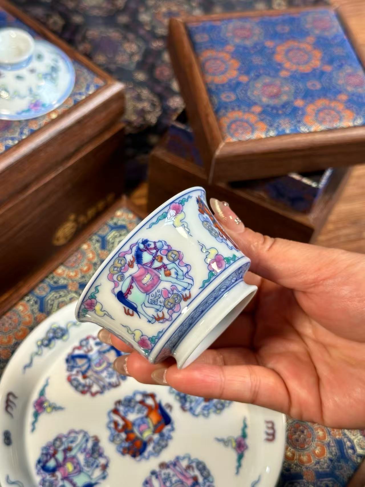 Blue-and-White Doucai “Five Horses Bringing Good Fortune” Set