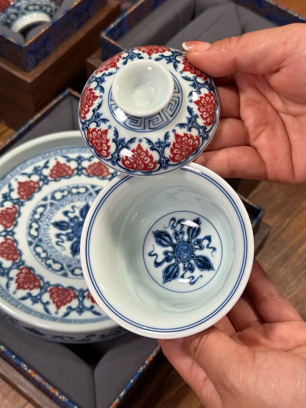 Blue-and-White Tea Set with Sanskrit Vajra Lotus Design and Underglaze Red Accents