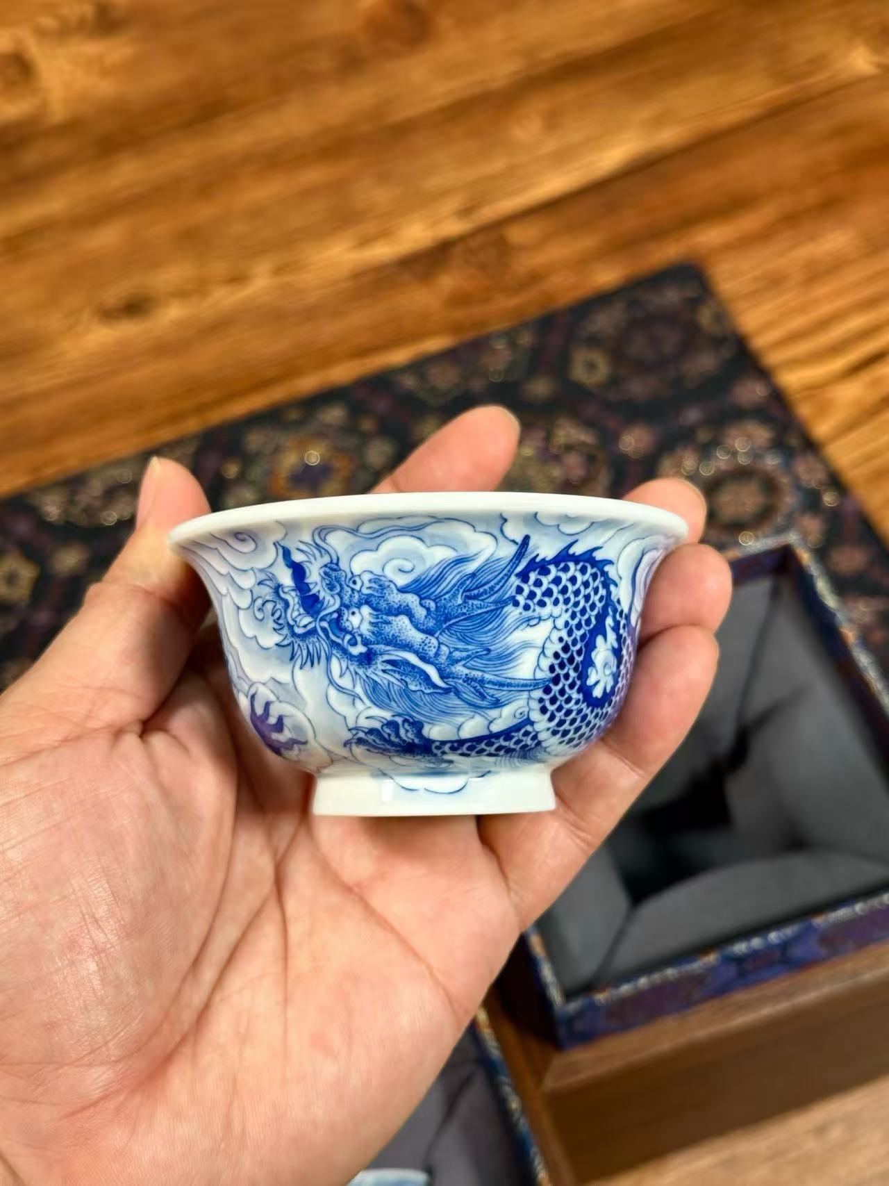 Blue-and-White Porcelain Cup with Sea Dragon Design
