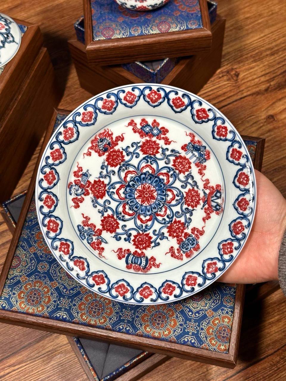 A Classic Trio of Chinese Porcelain Art: A Set of Three Hand-Painted Blue-and-White “Eight Auspicious Symbols” Pieces