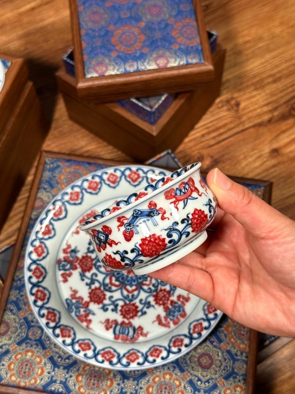 A Classic Trio of Chinese Porcelain Art: A Set of Three Hand-Painted Blue-and-White “Eight Auspicious Symbols” Pieces