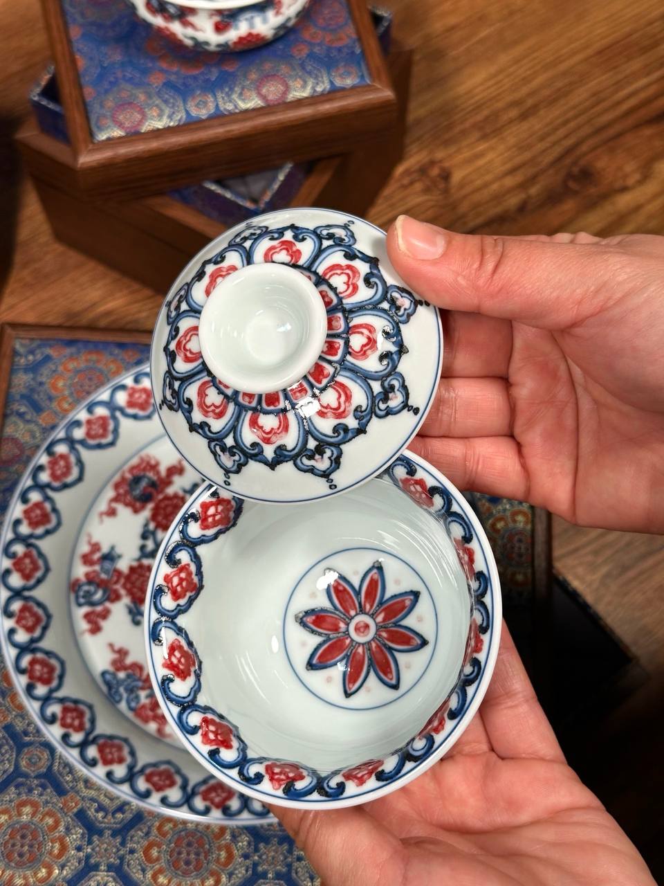 A Classic Trio of Chinese Porcelain Art: A Set of Three Hand-Painted Blue-and-White “Eight Auspicious Symbols” Pieces