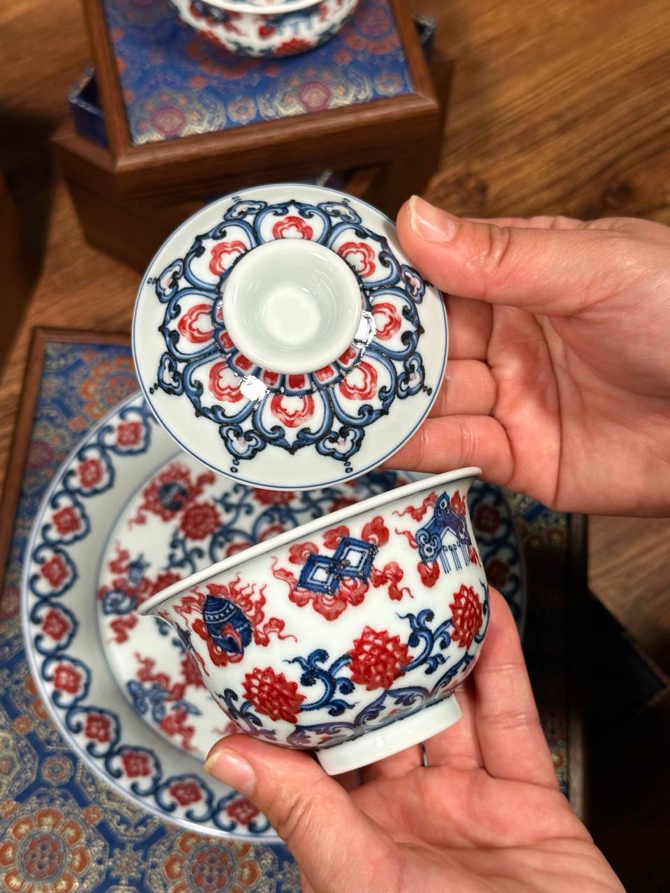 A Classic Trio of Chinese Porcelain Art: A Set of Three Hand-Painted Blue-and-White “Eight Auspicious Symbols” Pieces