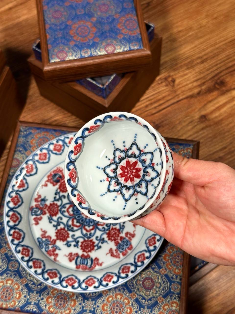 A Classic Trio of Chinese Porcelain Art: A Set of Three Hand-Painted Blue-and-White “Eight Auspicious Symbols” Pieces