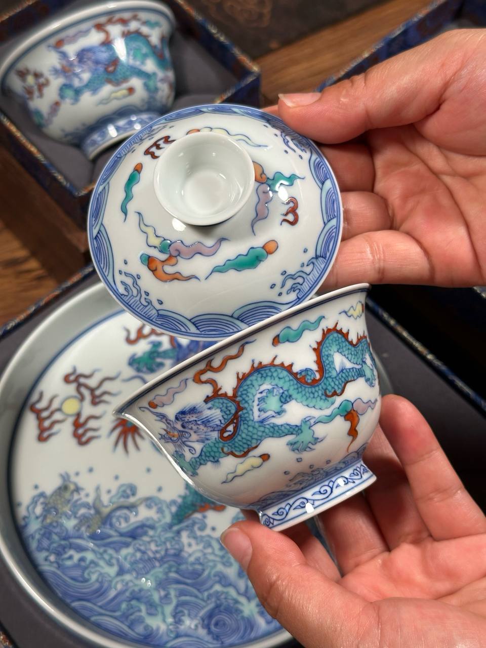 Hand-painted Blue-and-White and Doucai Dragon Motif Set