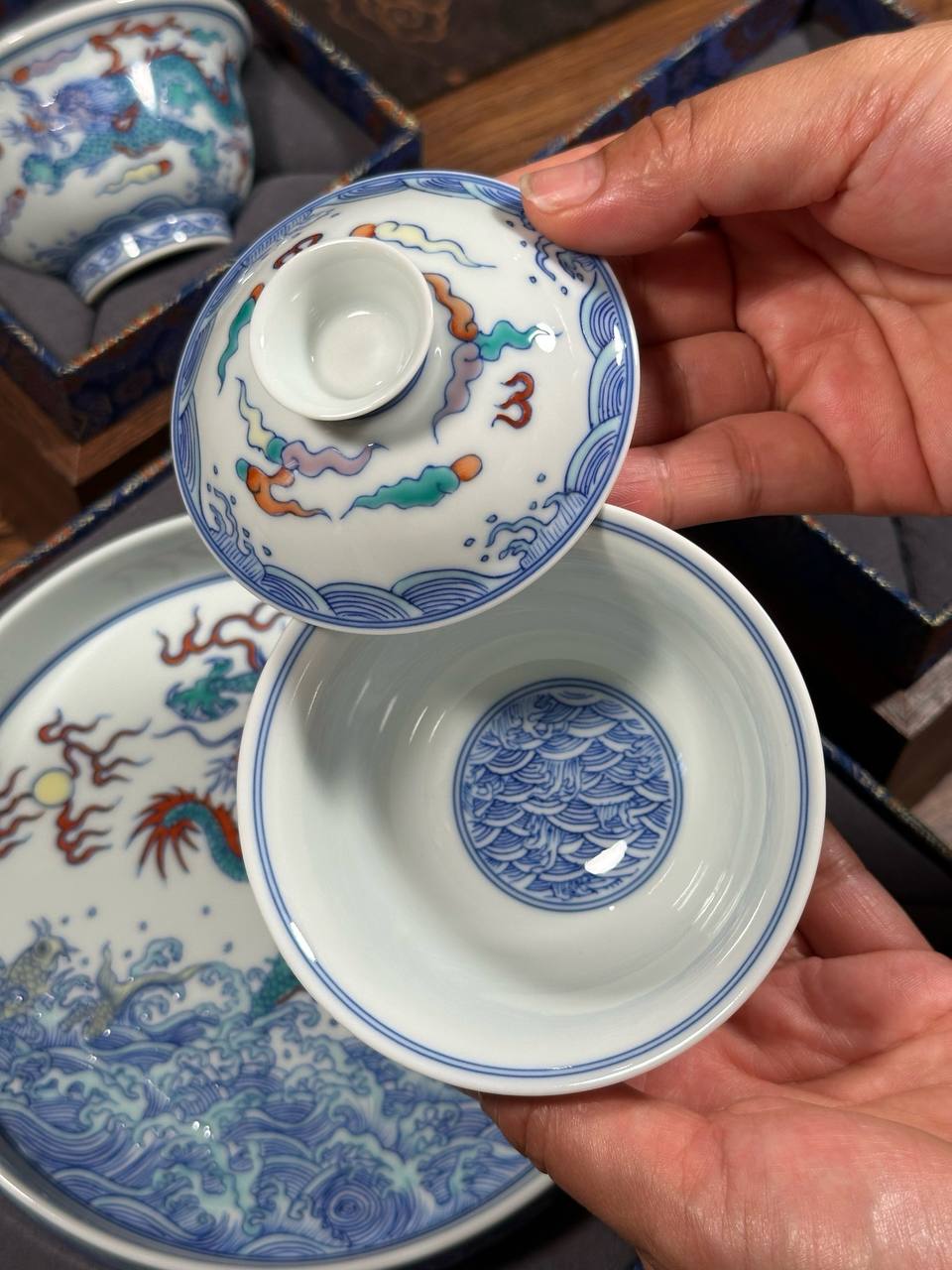 Hand-painted Blue-and-White and Doucai Dragon Motif Set