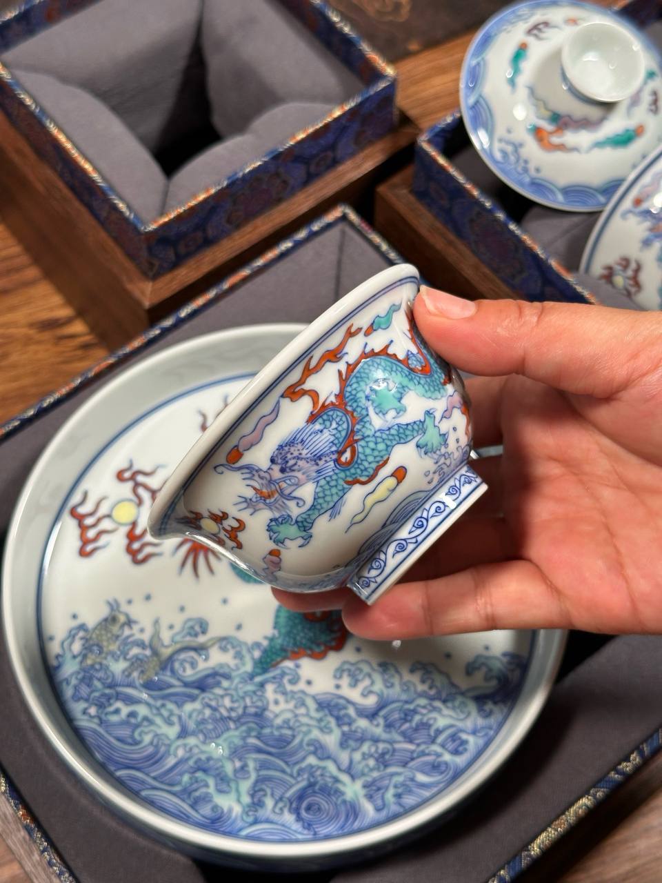 Hand-painted Blue-and-White and Doucai Dragon Motif Set
