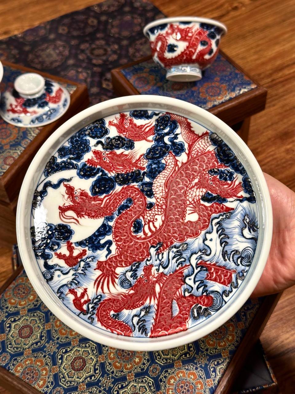 Hand-Painted Blue-and-White with Underglaze Red “Five Dragons” Three-Piece Set