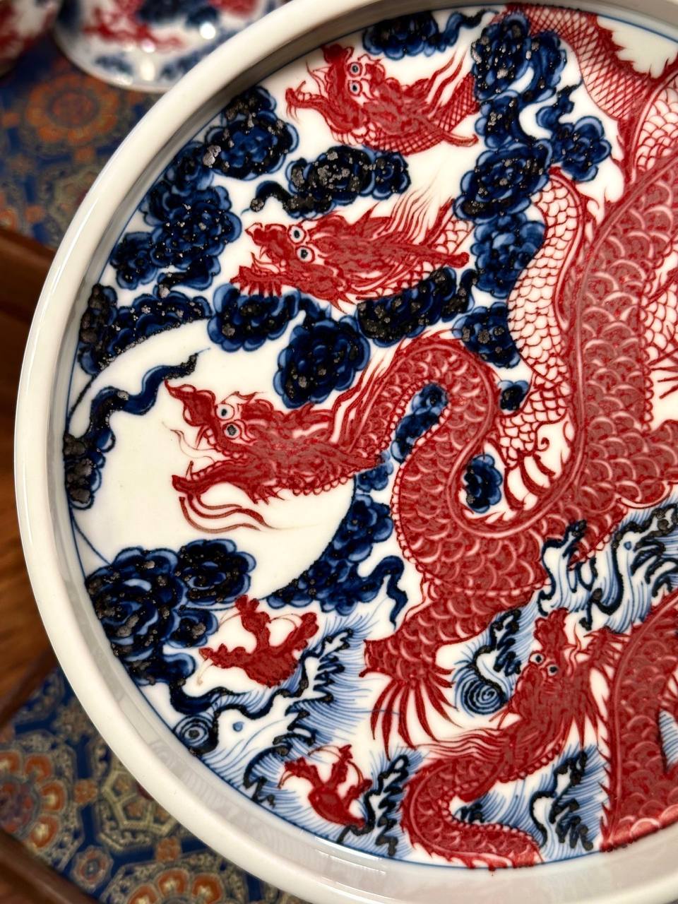 Hand-Painted Blue-and-White with Underglaze Red “Five Dragons” Three-Piece Set