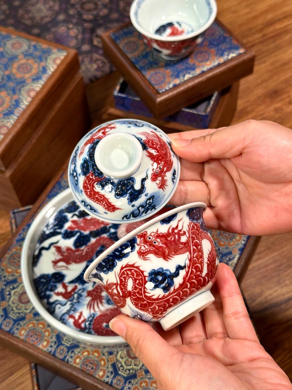 Hand-Painted Blue-and-White with Underglaze Red “Five Dragons” Three-Piece Set
