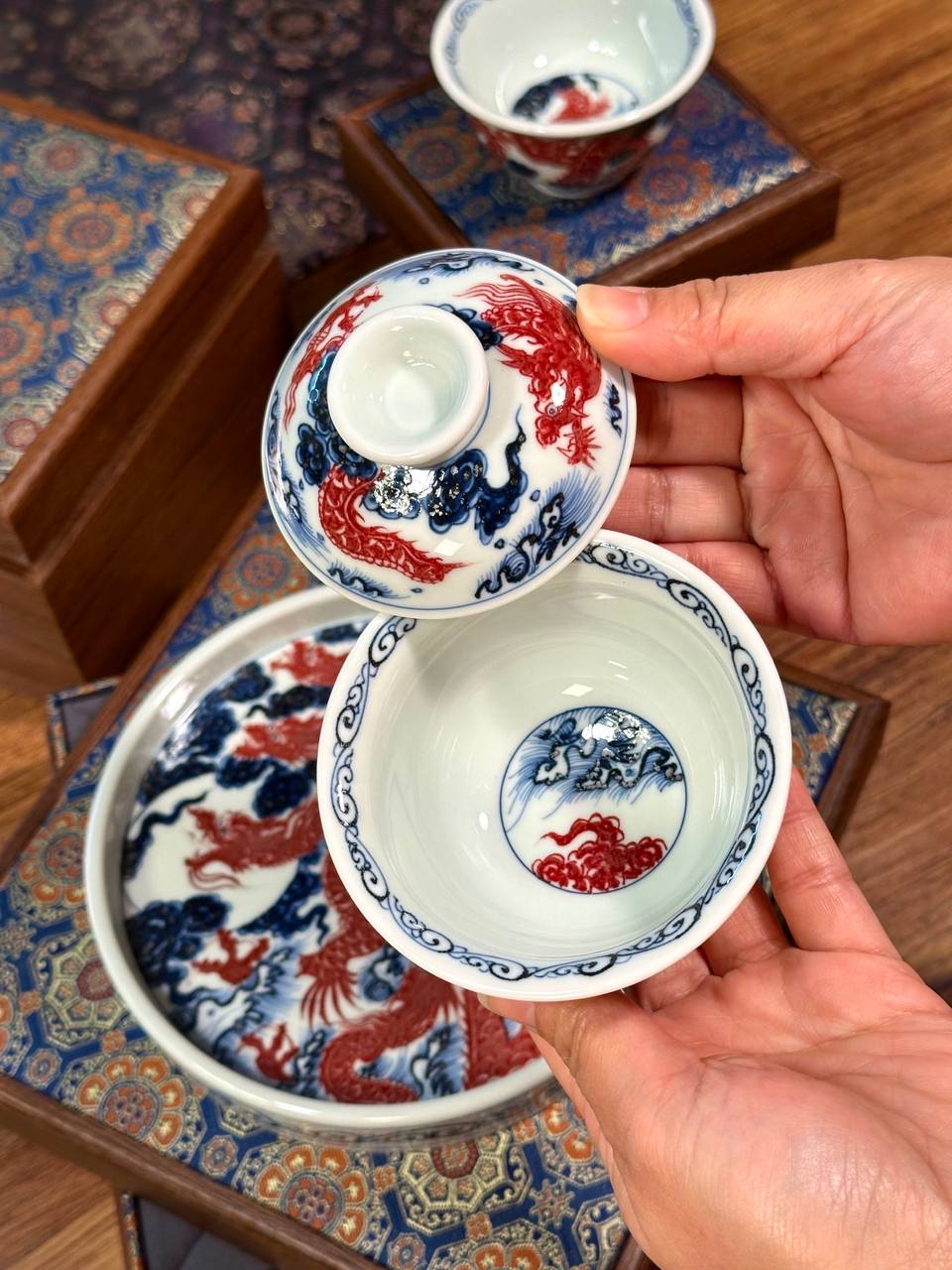 Hand-Painted Blue-and-White with Underglaze Red “Five Dragons” Three-Piece Set