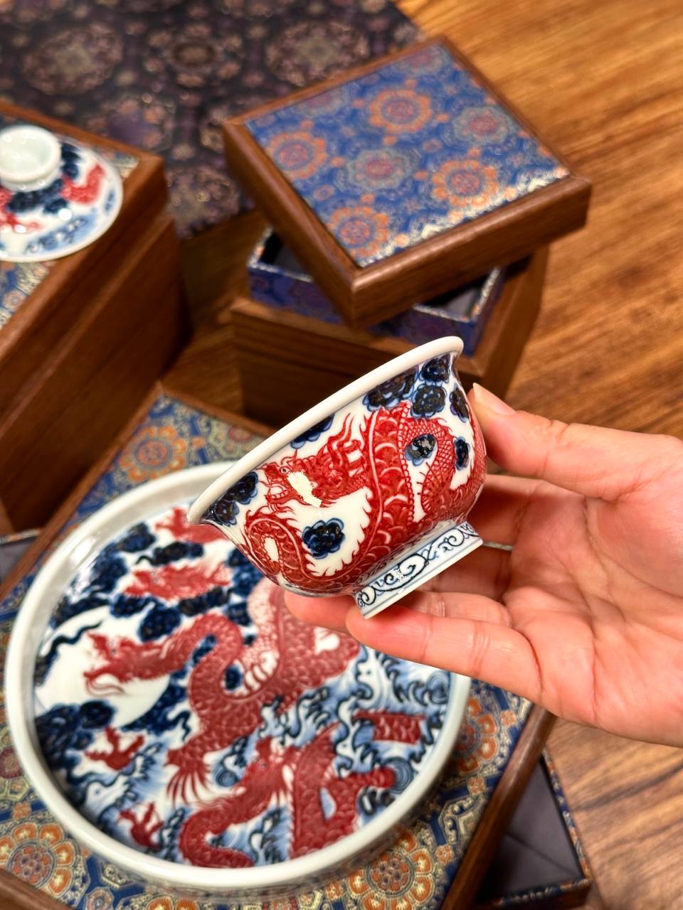 Hand-Painted Blue-and-White with Underglaze Red “Five Dragons” Three-Piece Set