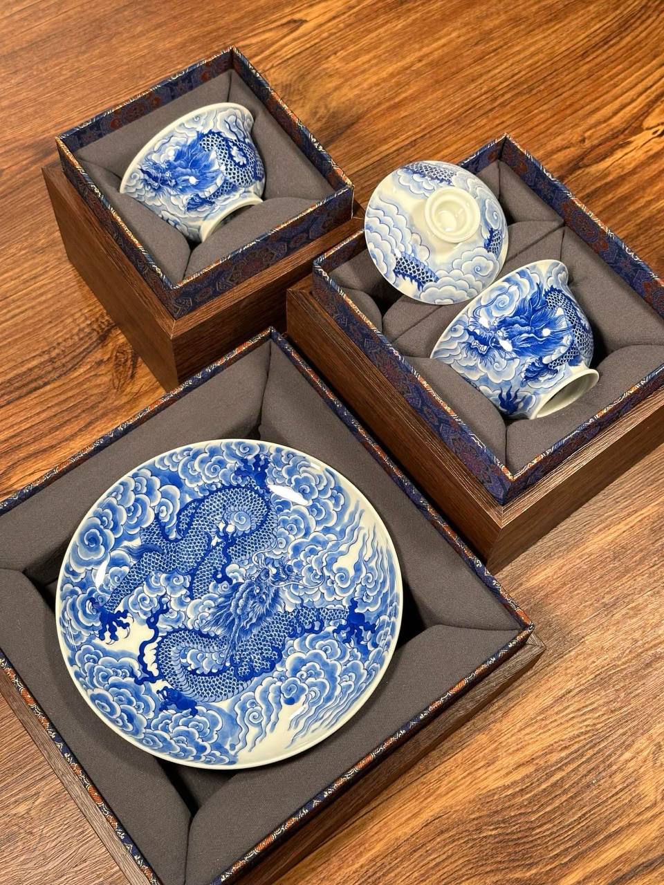 Special Limited Edition: A Three-Piece Set Featuring Hand-Painted Blue-and-White “Clouds and Dragons Bringing Good Fortune” Design