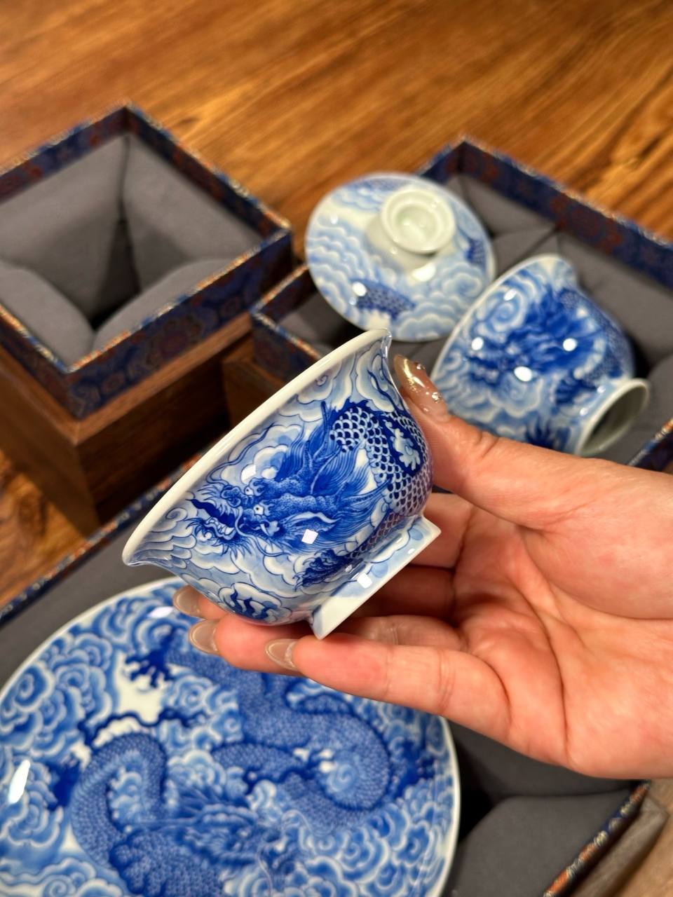Special Limited Edition: A Three-Piece Set Featuring Hand-Painted Blue-and-White “Clouds and Dragons Bringing Good Fortune” Design