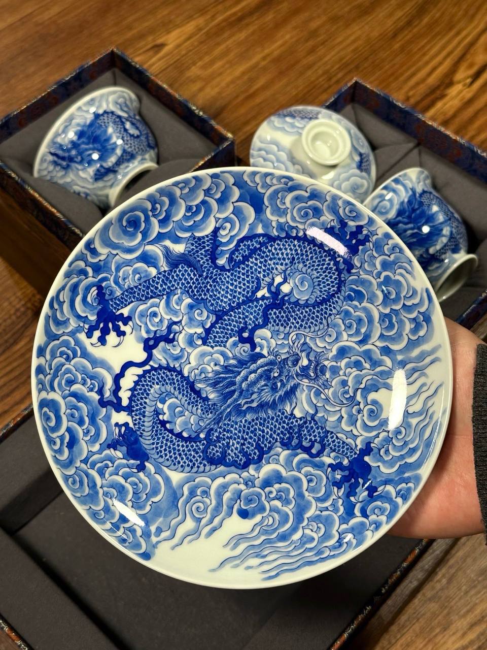 Special Limited Edition: A Three-Piece Set Featuring Hand-Painted Blue-and-White “Clouds and Dragons Bringing Good Fortune” Design