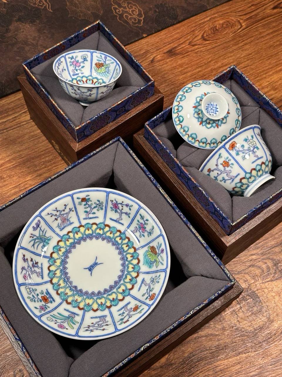 Three-Piece Hand-Painted Blue-and-White Doucai “Twelve Flower Gods” Full-Decorated Set