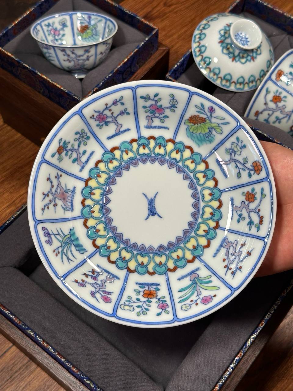 Three-Piece Hand-Painted Blue-and-White Doucai “Twelve Flower Gods” Full-Decorated Set