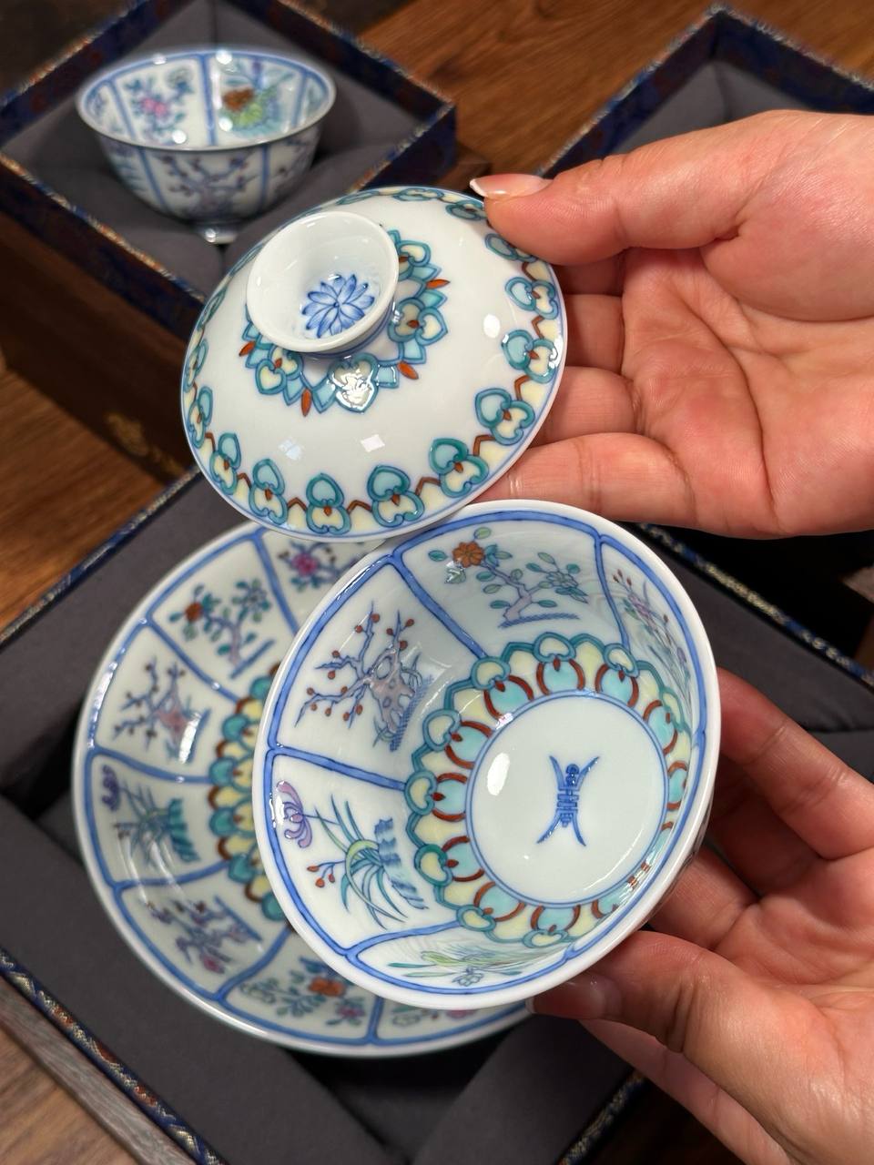Three-Piece Hand-Painted Blue-and-White Doucai “Twelve Flower Gods” Full-Decorated Set