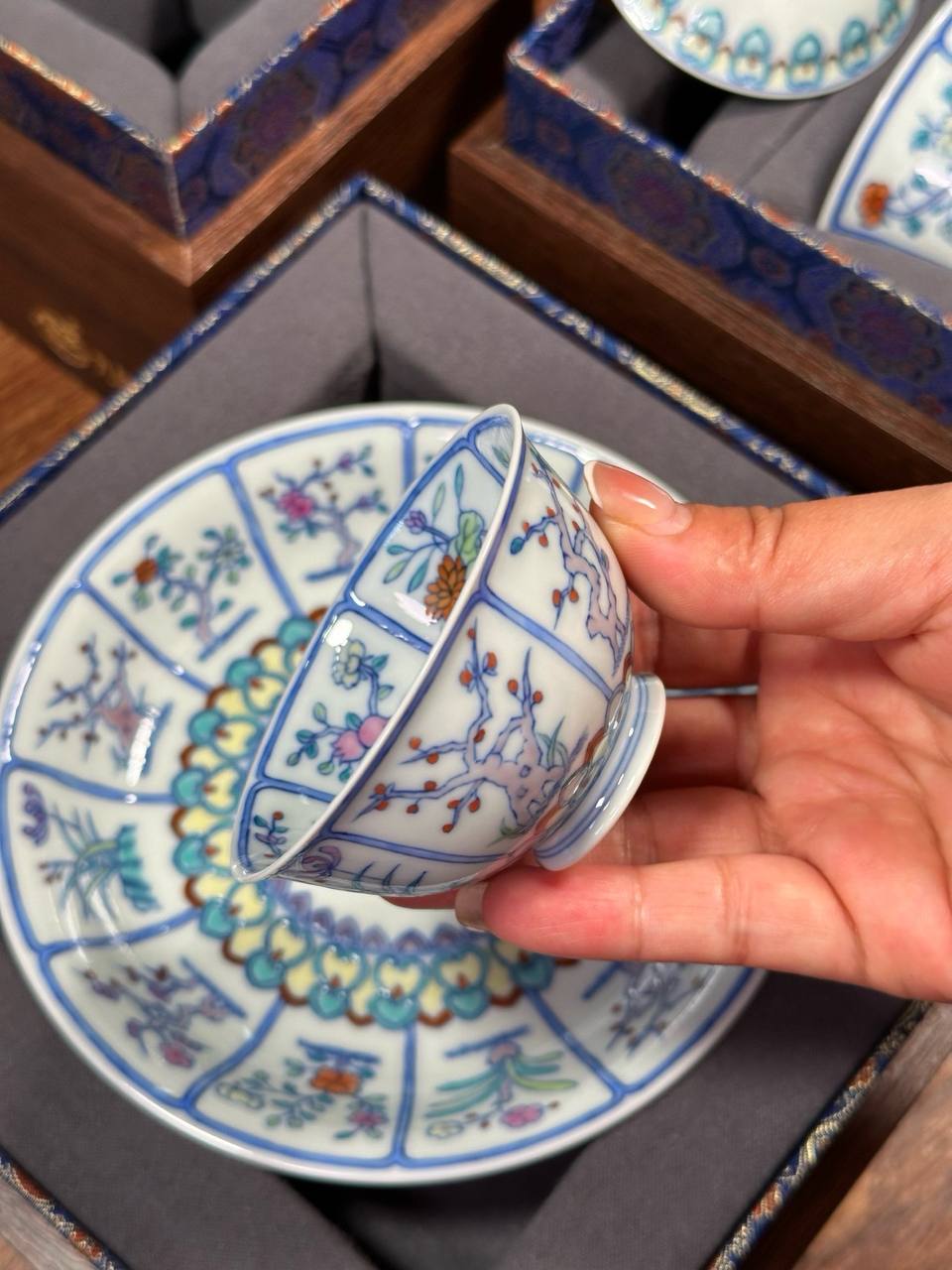 Three-Piece Hand-Painted Blue-and-White Doucai “Twelve Flower Gods” Full-Decorated Set