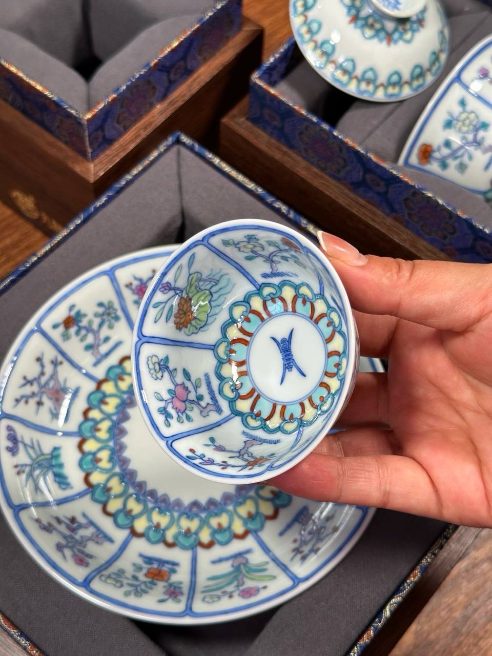 Three-Piece Hand-Painted Blue-and-White Doucai “Twelve Flower Gods” Full-Decorated Set