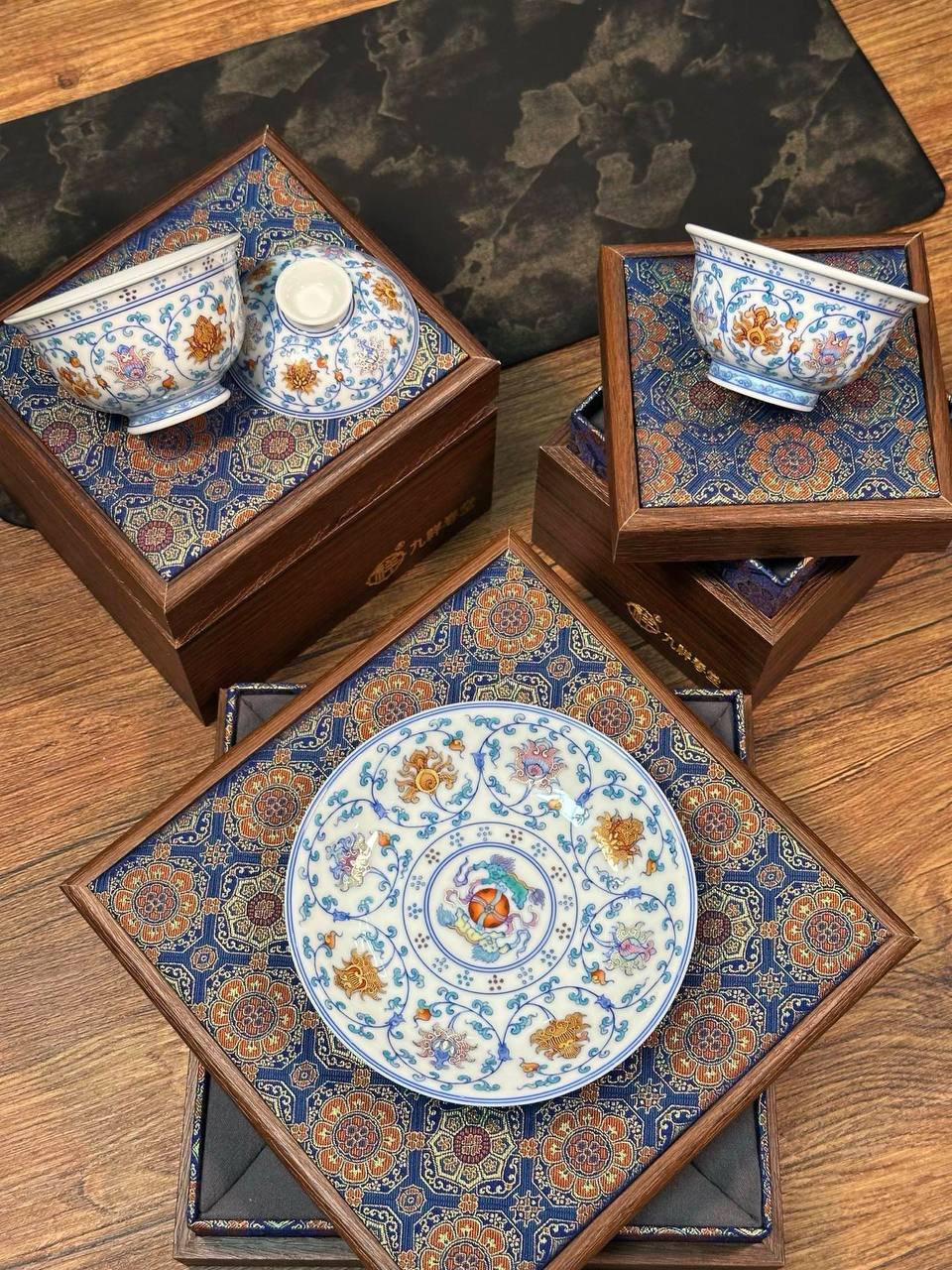 Hand-painted Red-Underglaze Doucai and Silver-Outlined Scroll Lotus Set