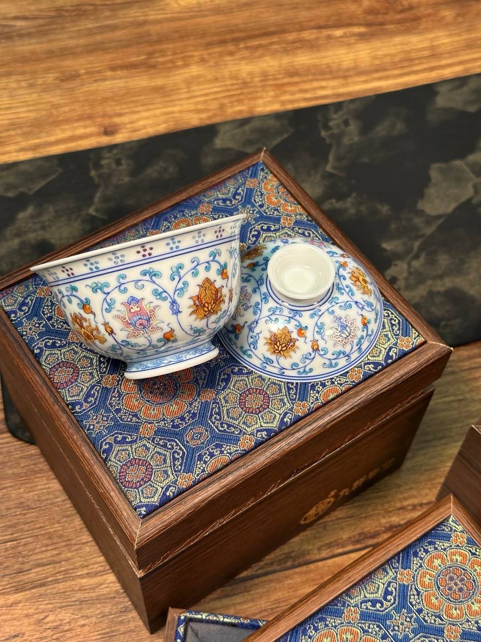 Hand-painted Red-Underglaze Doucai and Silver-Outlined Scroll Lotus Set