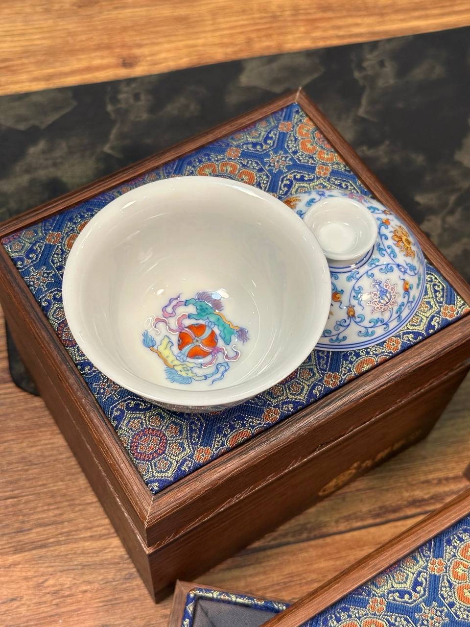Hand-painted Red-Underglaze Doucai and Silver-Outlined Scroll Lotus Set