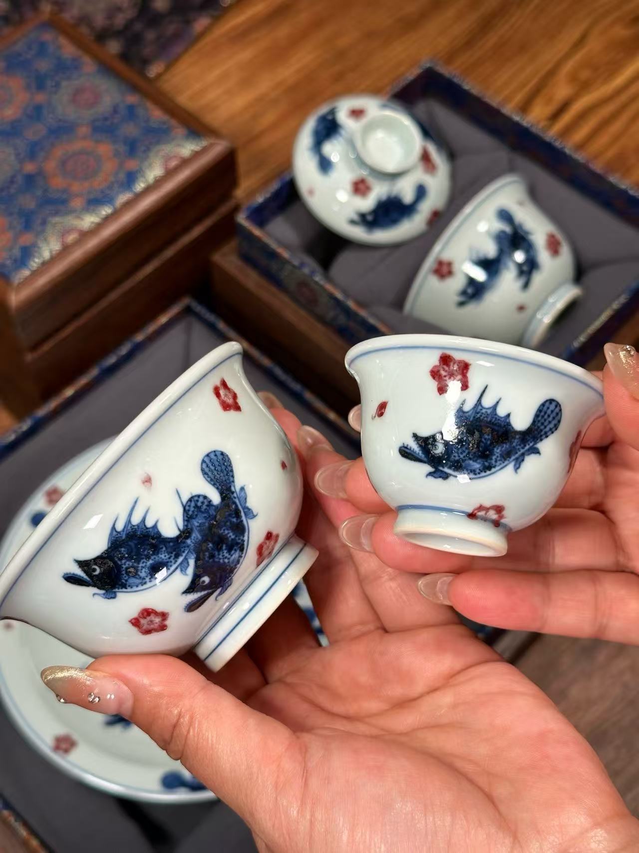Blue-and-White Porcelain with Underglaze Red Perch Design