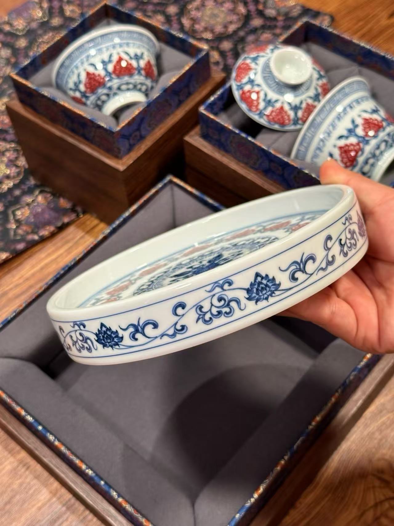Blue-and-White Tea Set with Sanskrit Vajra Lotus Design and Underglaze Red Accents