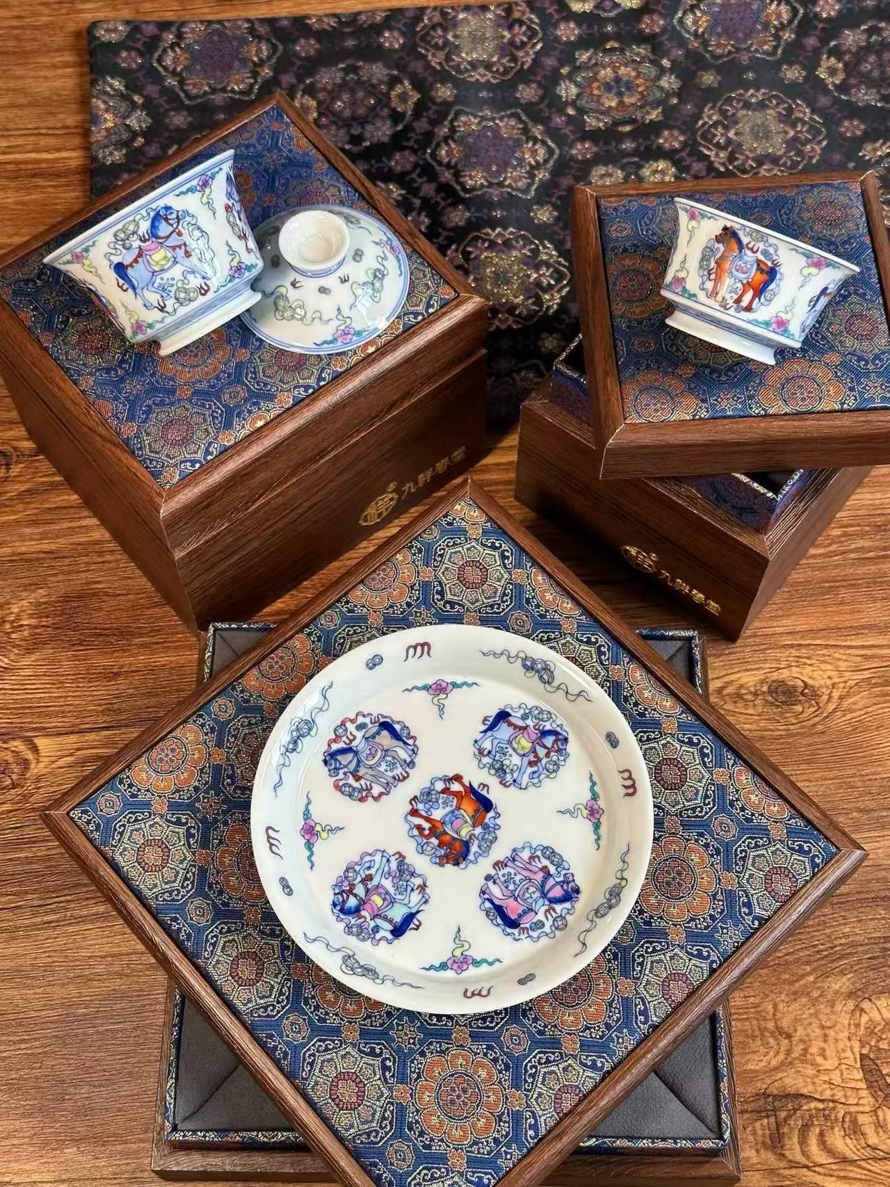 Blue-and-White Doucai “Five Horses Bringing Good Fortune” Set