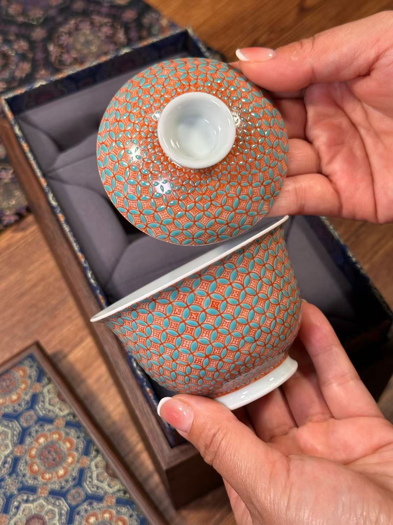 Blue-and-White Tea Set with Sanskrit Vajra Lotus Design and Underglaze Red Accents