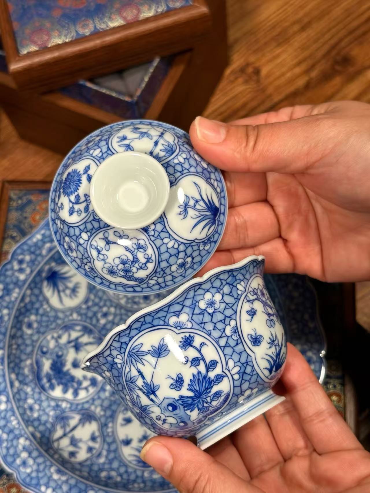 nderglaze Blue-and-White “Ice Plum Blossoms” Set with Openwork Pine, Bamboo, and Plum Motifs
