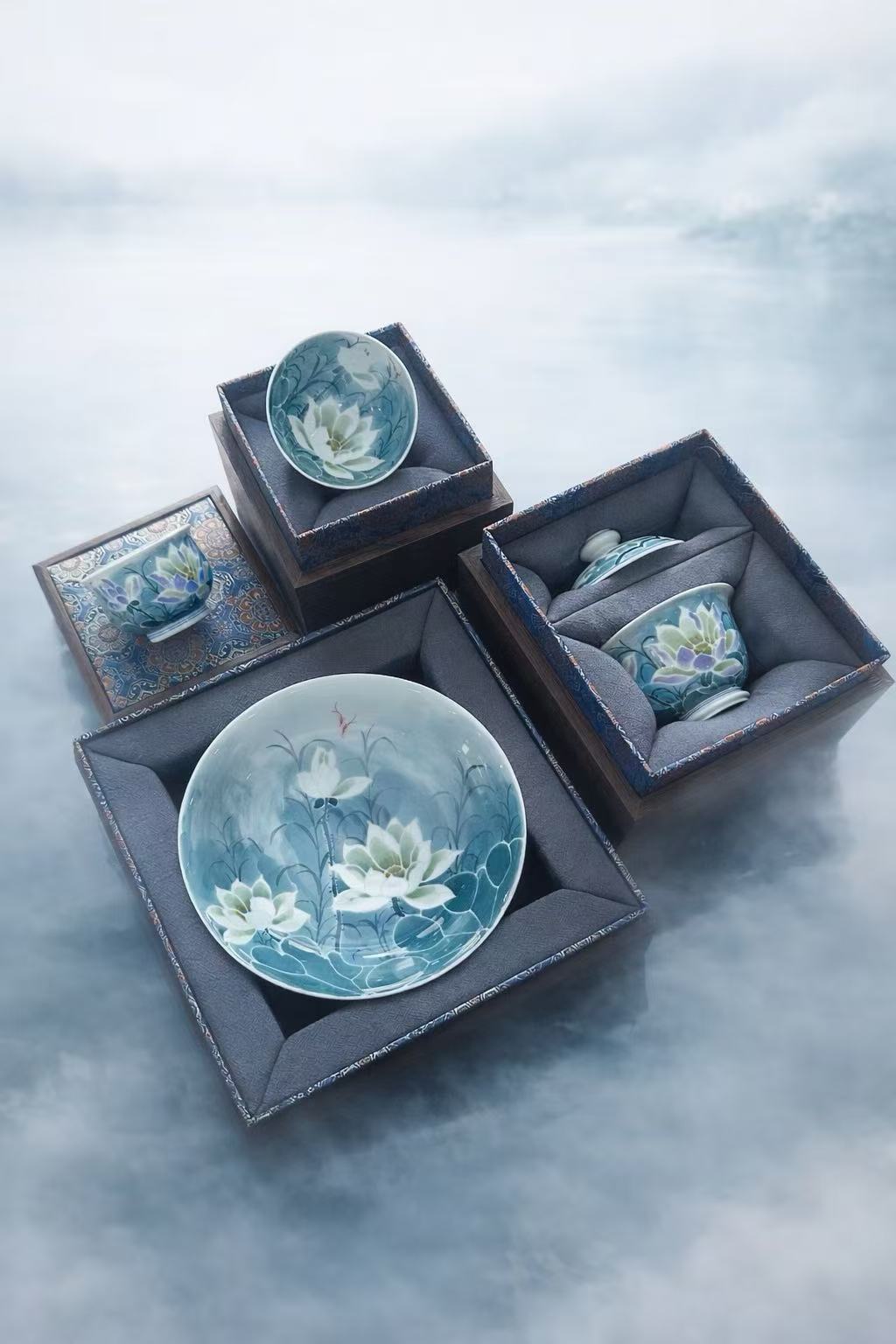 “Impressionistic Lotus Pond in Blue Waters” Set