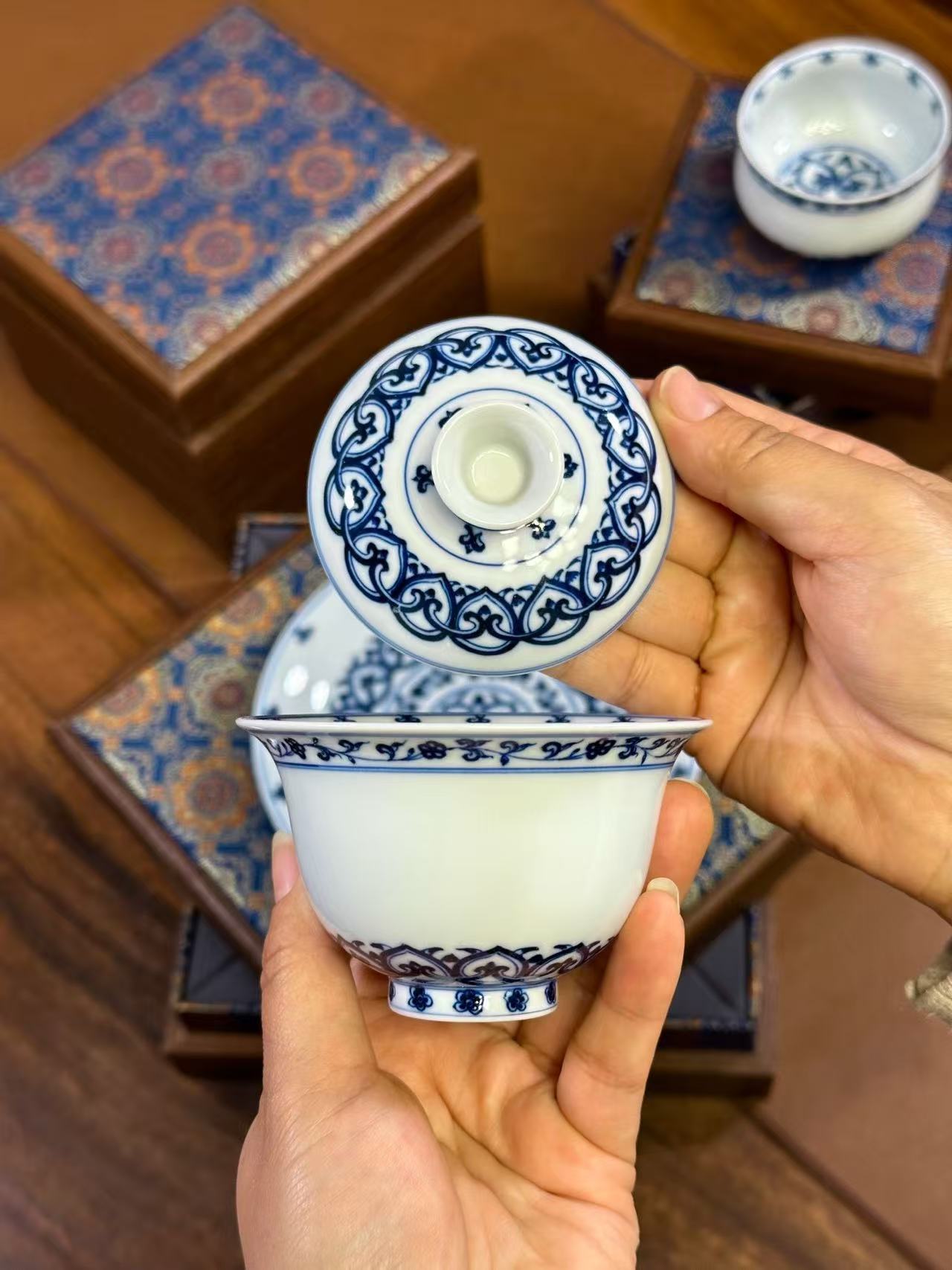 Special Offer: Three-Piece Blue-and-White Porcelain Set with Buddha Statue Design