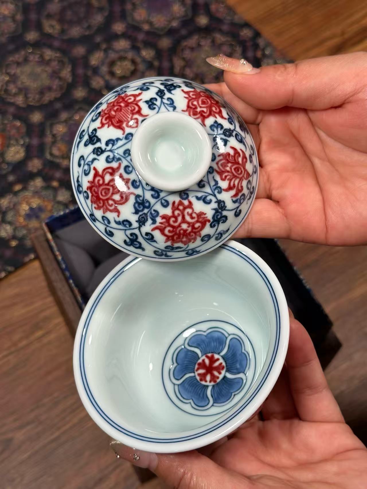 Blue-and-White Porcelain Cup with Underglaze Red Scroll Lotus Design